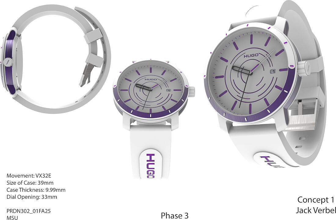 Concept 1 — white case, purple bezel, radar-ring dial