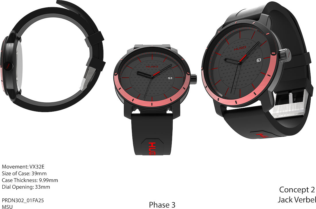 Concept 2 — matte black case, red gradient bezel, monogram-texture dial