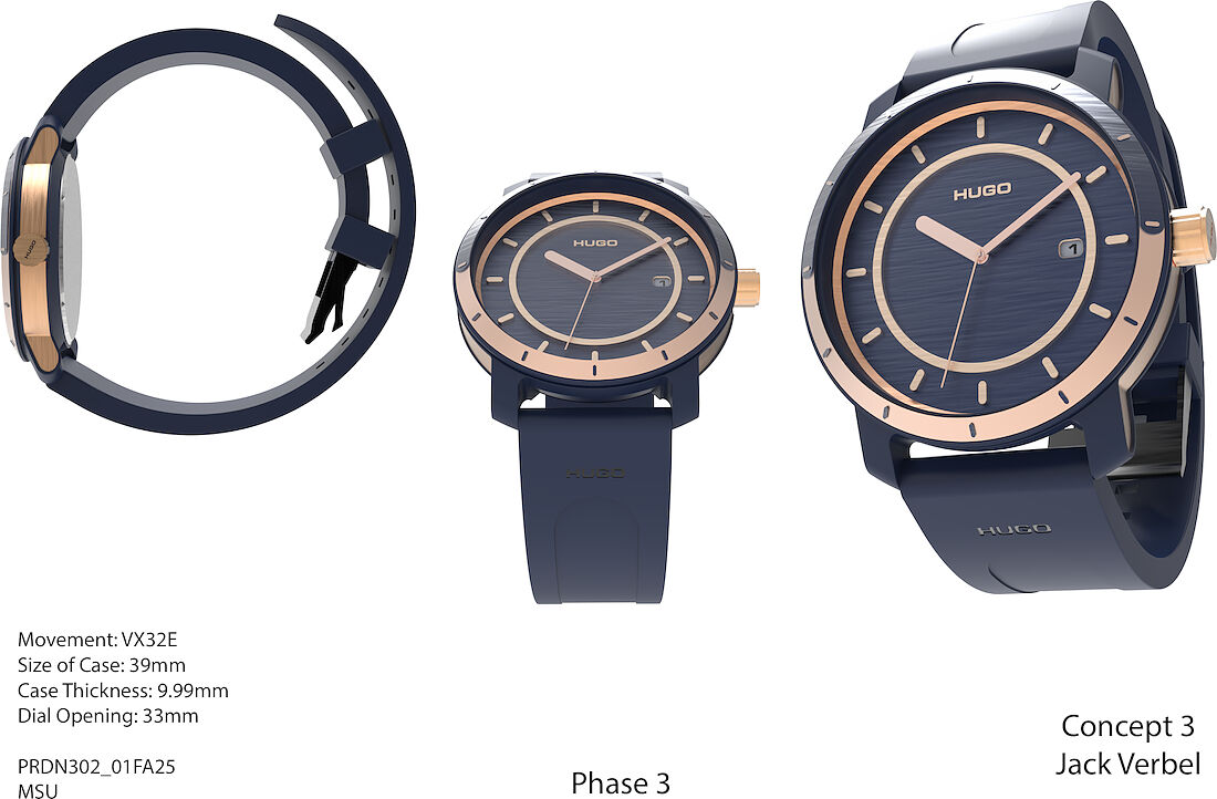 Concept 3 — navy case with rose-gold bezel and dual-ring dial