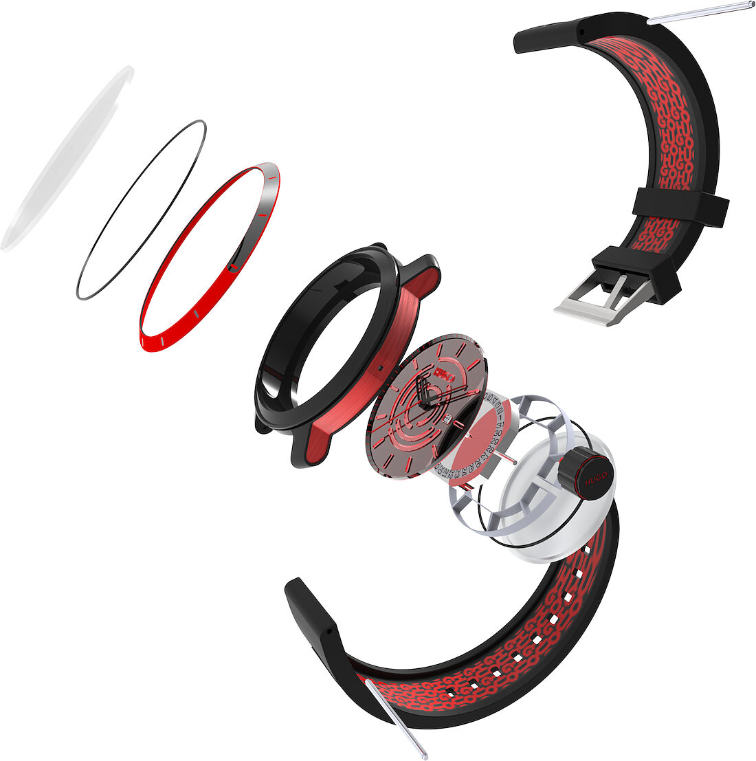 Exploded view of the case, dial, movement ring, crown, and strap
