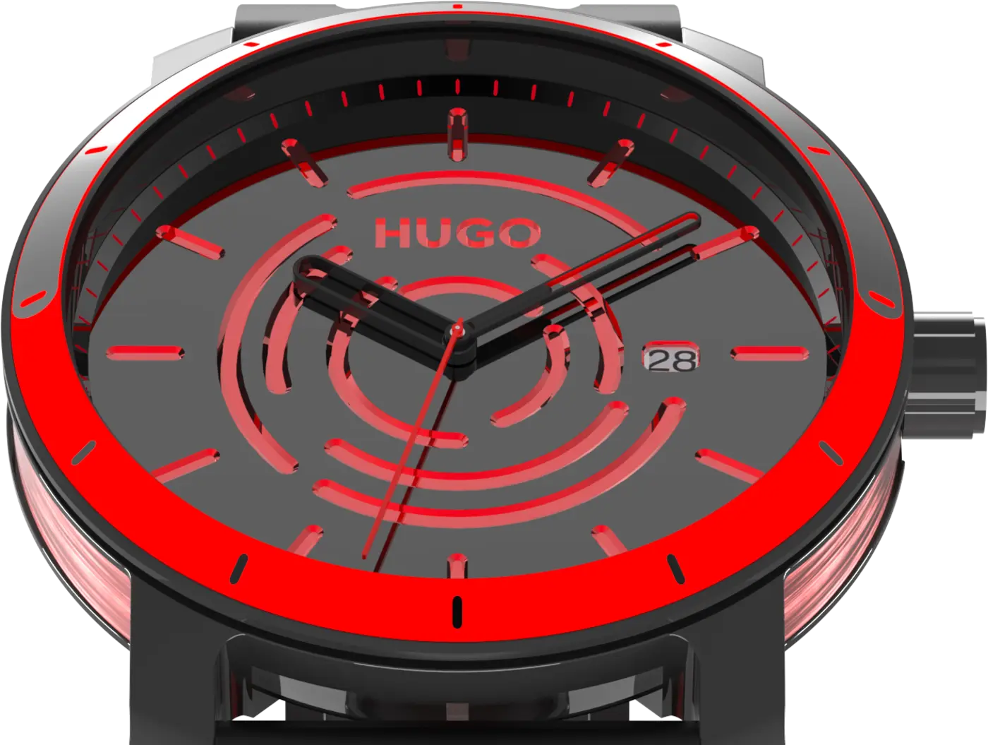 Closeup of the black and red dial