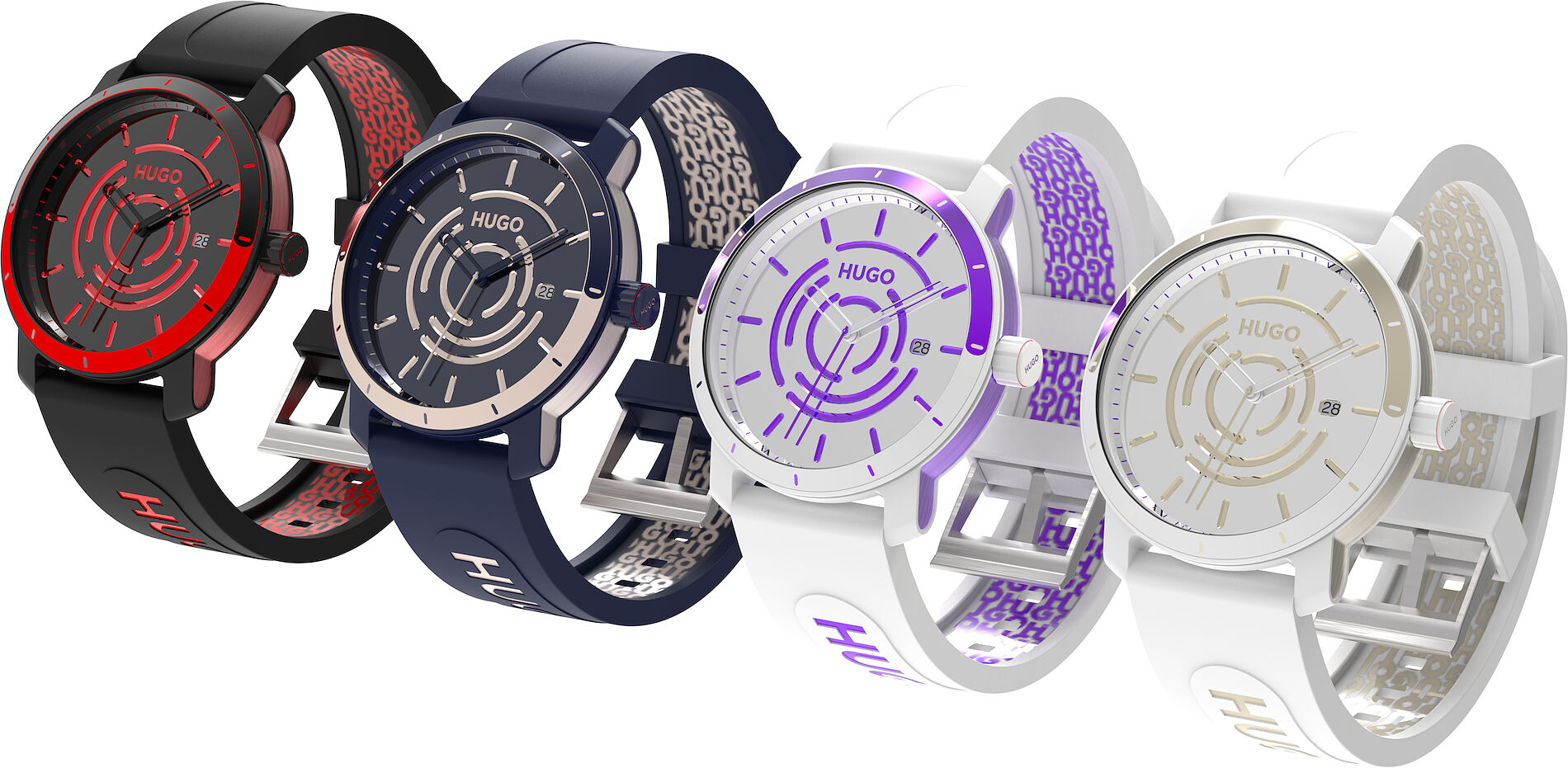 Four colorways: black/red, navy/rose-gold, white/purple, white/gold