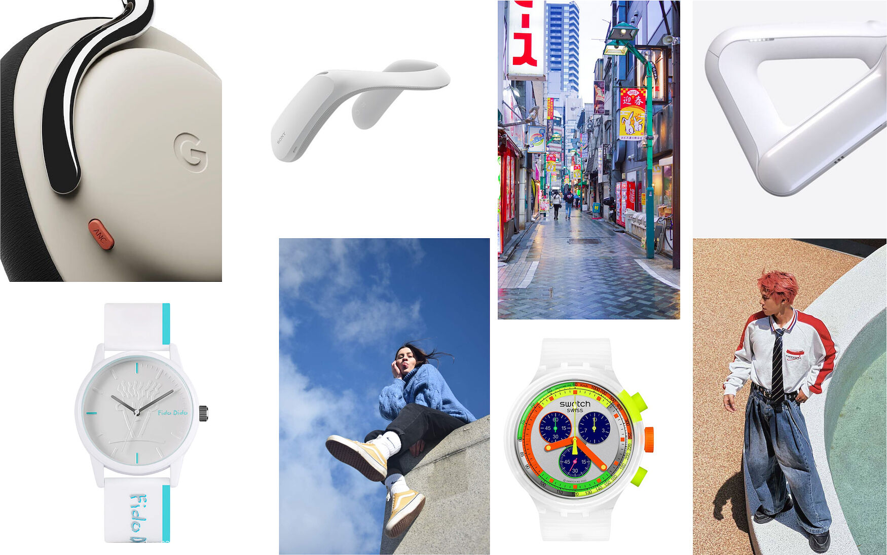 Research moodboard of consumer electronics, chronograph watches, and street style references