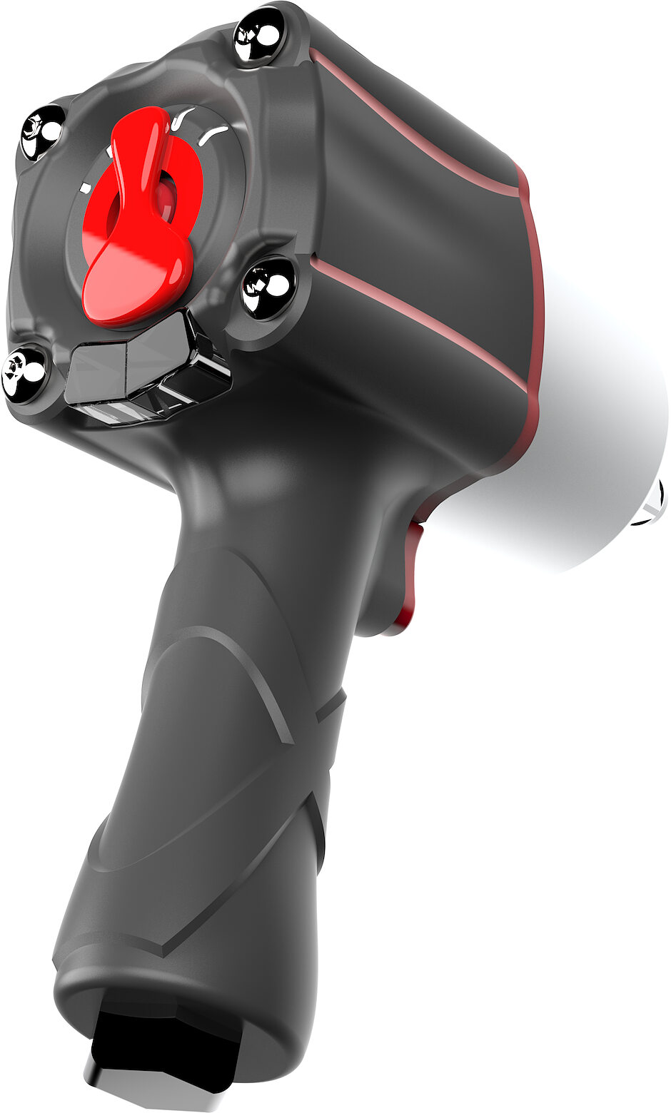 Three-quarter view showing the chamfered texture wrapping the grip