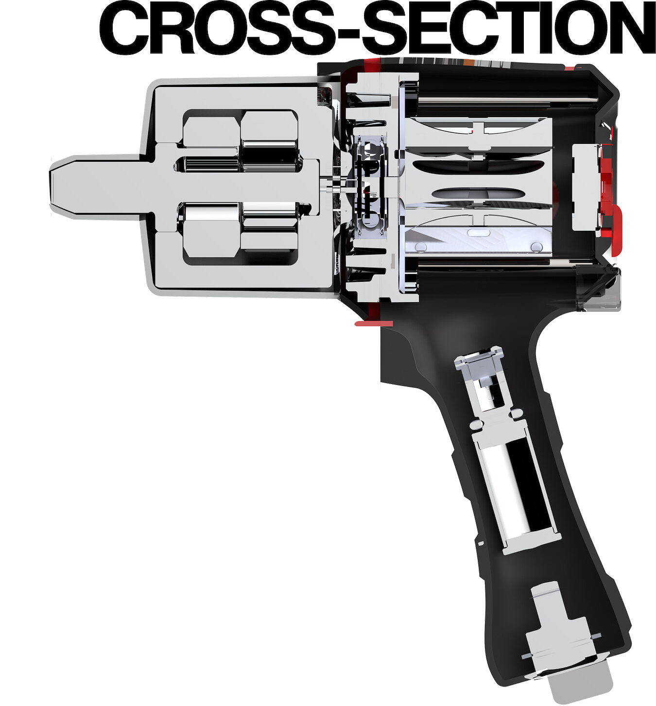 Cross-section through the tool showing the internal air motor and hammer mechanism