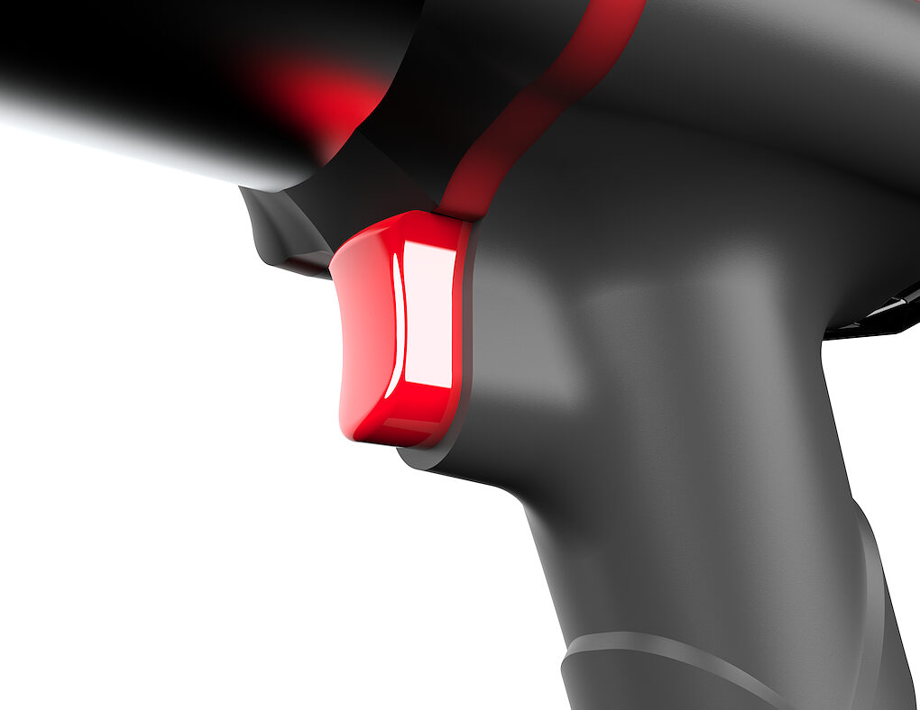 Macro render of the red compound-curved trigger